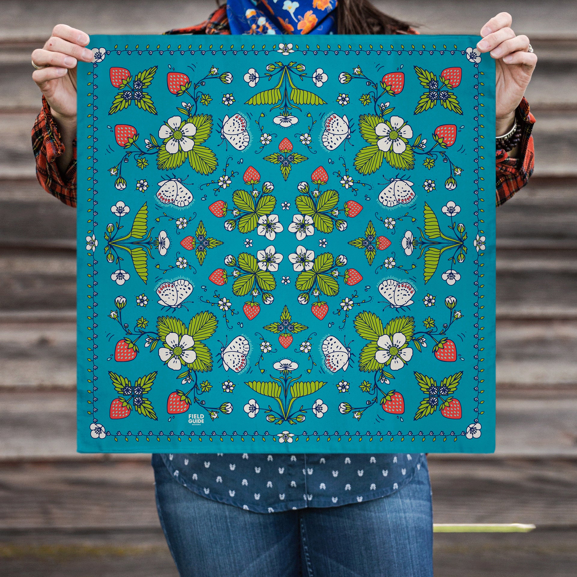 Woodland Strawberry Bandana - Green Leaves